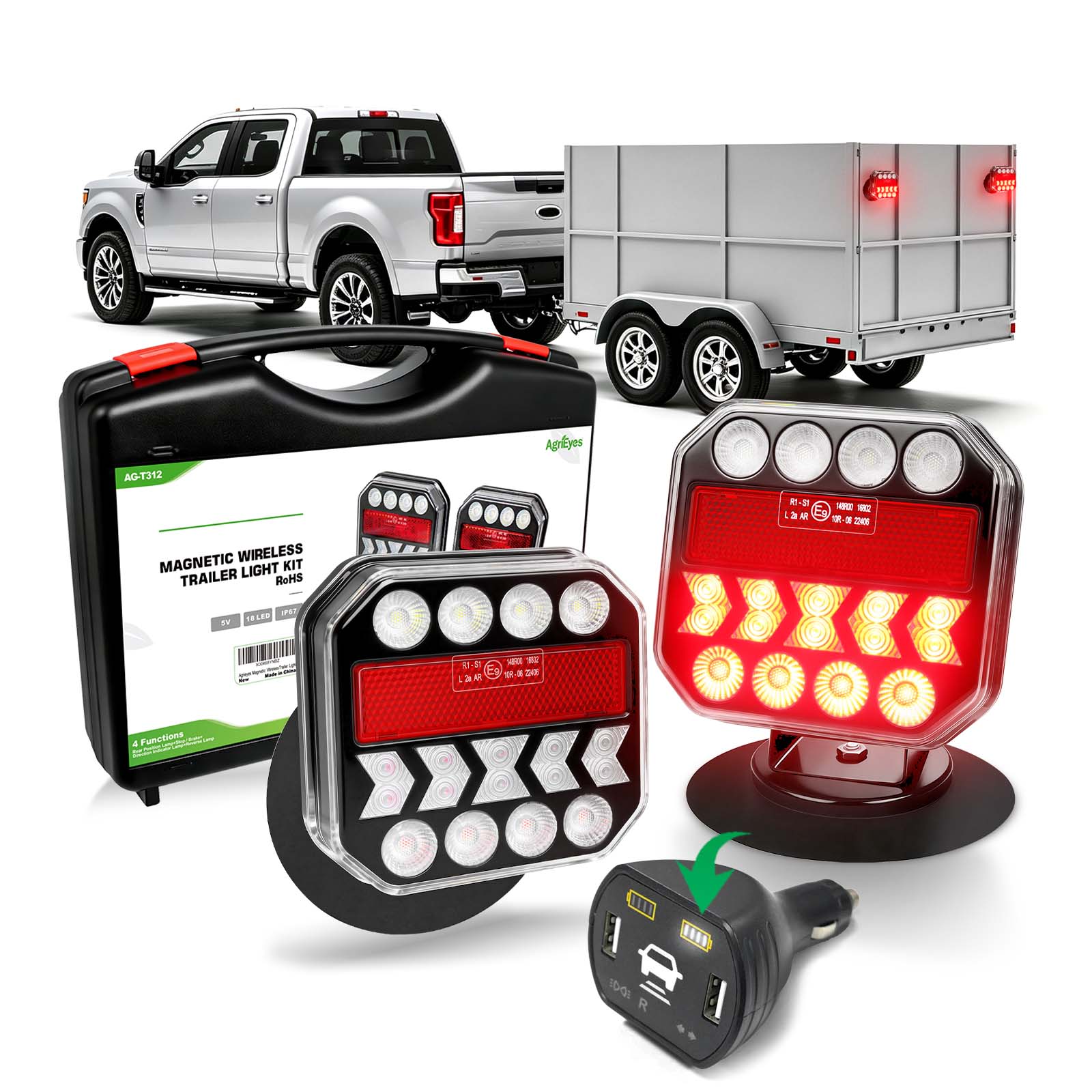 AgriEyes T312C Smart Wireless Trailer Lights with Real-Time Signal Feedback & Anti-Lost Alarm