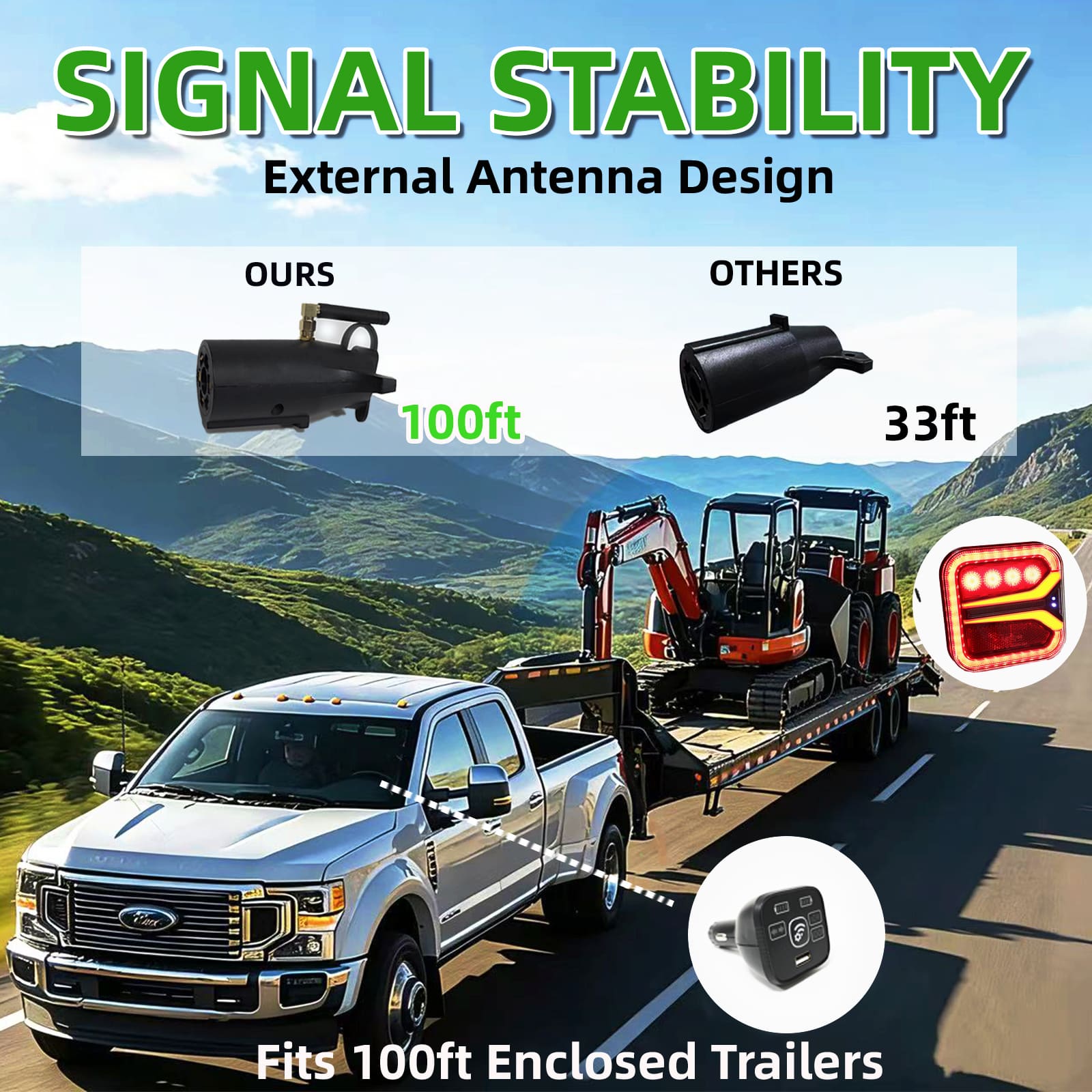 AgriEyes 100ft wireless trailer light signal stability and external antenna range test AgriEyes 100ft wireless trailer light signal stability and external antenna range test