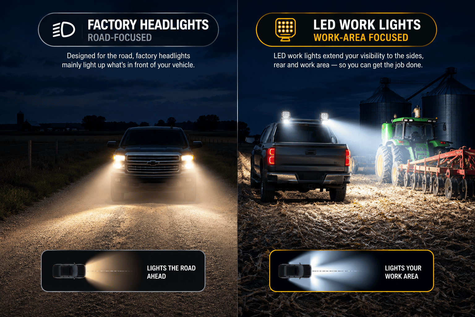 LED work lights vs factory lights comparison